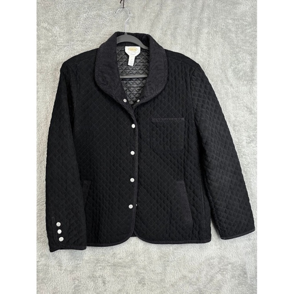 Talbots Quilted Jacket Womens M Black Stretch Corduroy Trim‎ Snap Button